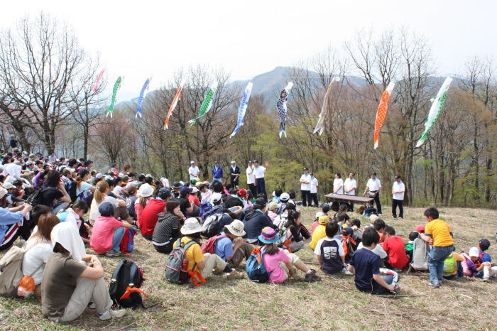 こいのぼりはためく陣馬山の春