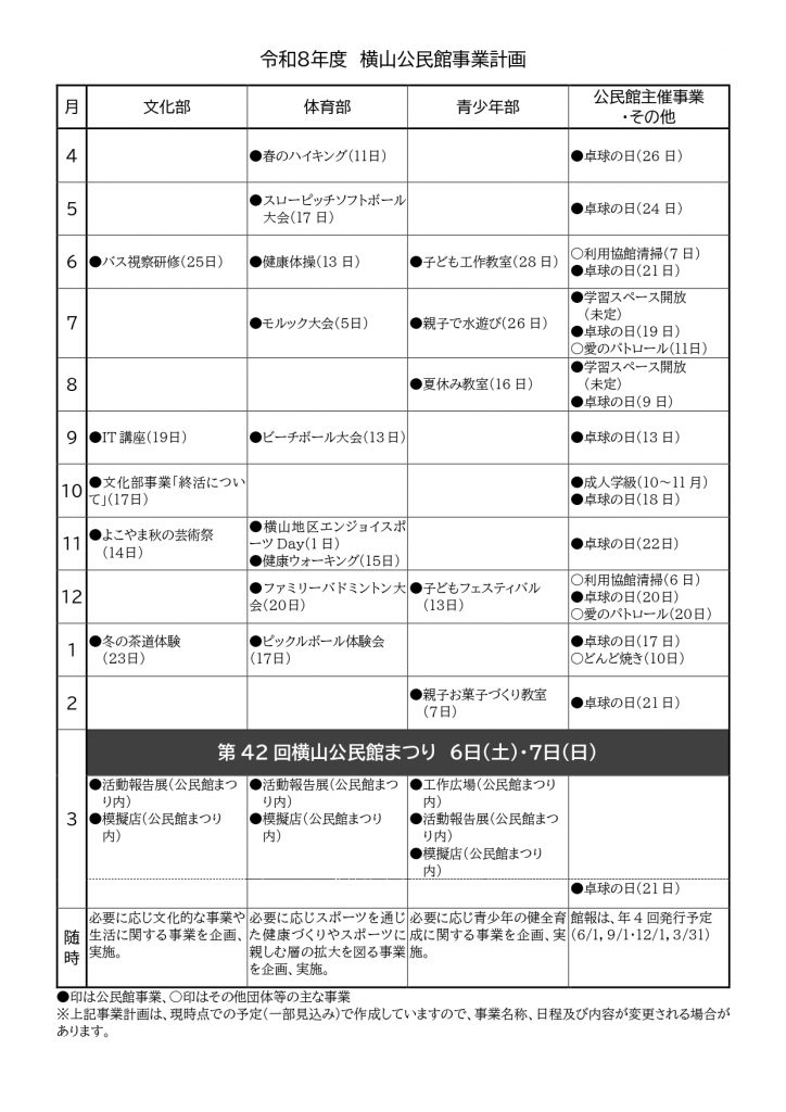 令和8年度 横山公民館事業計画